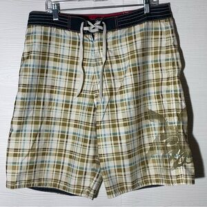 Vintage Plaid Surfer Wave Graphic Swim Trunks Size 34 Excellent Condition